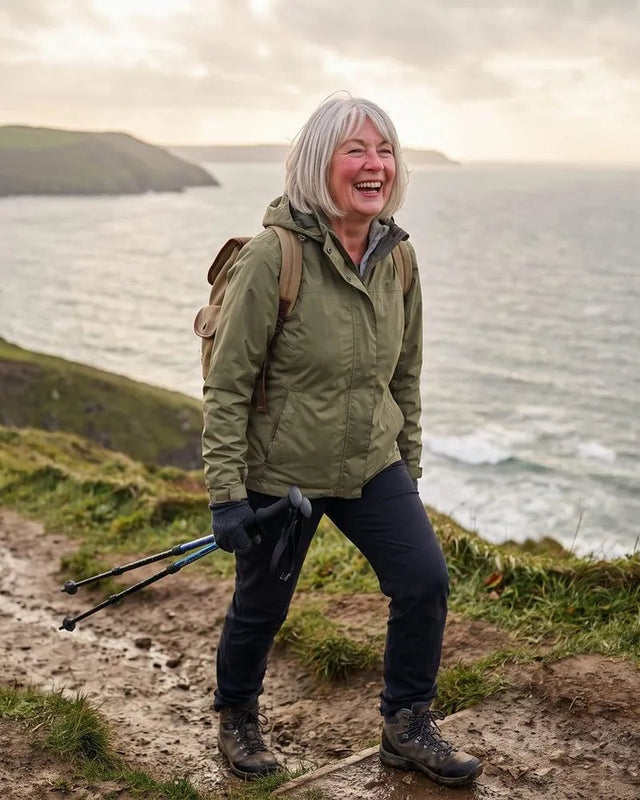 The same woman laughs on a cliff path above the sea, walking poles in hand