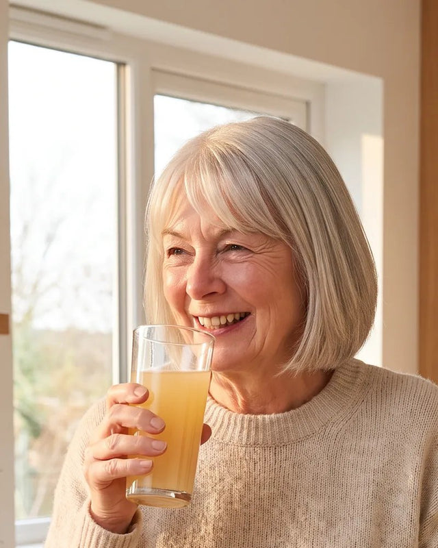 A woman in her sixties smiles as she drinks a glass of Silvie Body in her kitchen in the morning