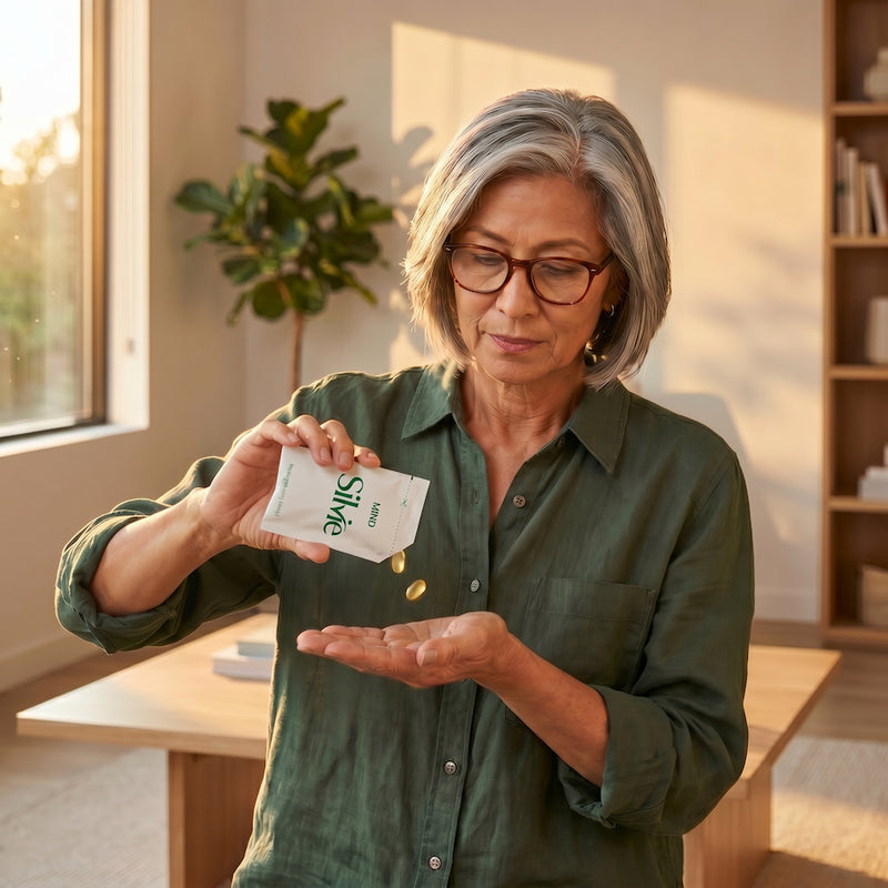 A middle-aged woman using Silvie Mind omega-3 softgels and magnesium tablets for cognitive support