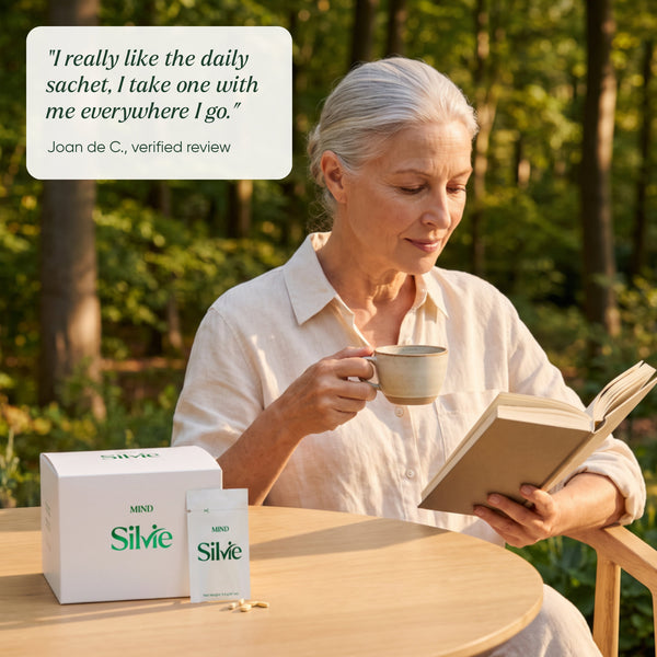 Woman in her 60s reading with a cup of tea on a forest terrace, Silvie Mind box and sachet beside her, with a customer review