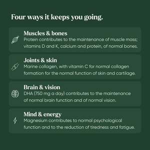 Four ways Silvie 360 keeps you going: muscles and bones, joints and skin, brain and vision, mind and energy