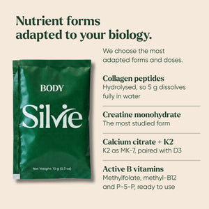 Silvie Body sachet and its nutrient forms: collagen peptides, creatine monohydrate, calcium citrate with K2, active B vitamins