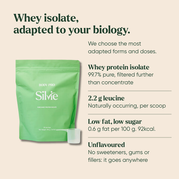 Silvie Body Pro pouch and scoop: 99.7% whey protein isolate, 2.2 g leucine, low fat and low sugar, unflavoured