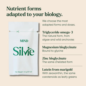 Silvie Mind sachet and its nutrient forms: triglyceride omega-3, magnesium and zinc bisglycinate, lutein from marigold