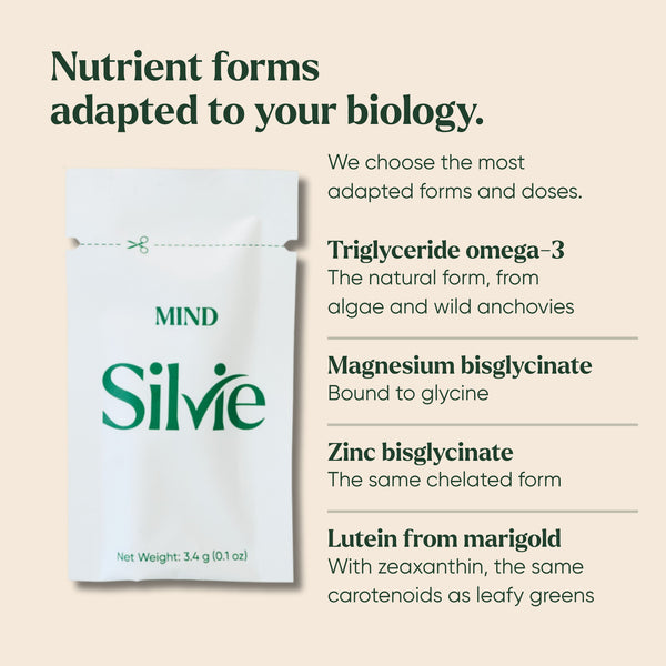 Silvie Mind sachet and its nutrient forms: triglyceride omega-3, magnesium and zinc bisglycinate, lutein from marigold