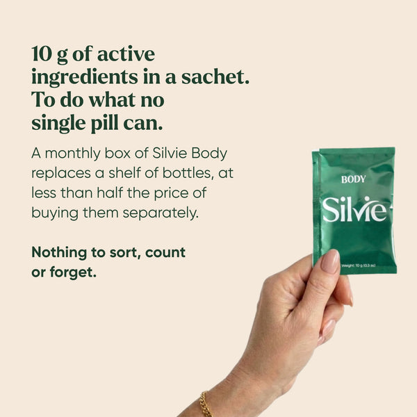 Hand holding a Silvie Body sachet: 10 g of active ingredients in one daily sachet instead of a shelf of supplements