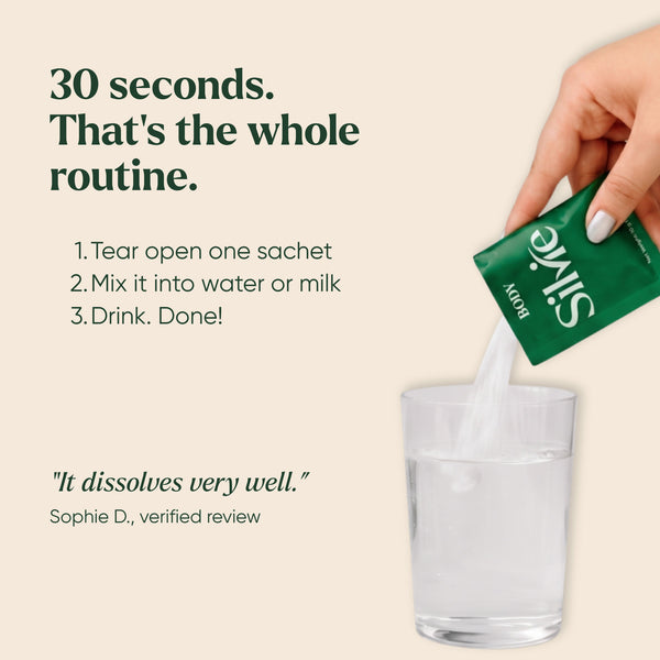 How to take Silvie Body: tear open a sachet, mix it into water or milk and drink, in 30 seconds