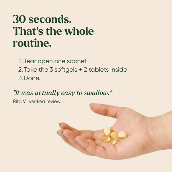 How to take Silvie Mind: tear open a sachet and take the 3 softgels and 2 tablets inside, in 30 seconds