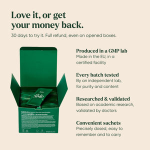 Open Silvie Body box of 28 sachets: made in an EU GMP lab, every batch independently tested, 30-day money-back guarantee