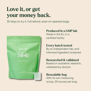 Silvie Body Pro pouch and scoop: made in an EU GMP lab, every batch tested, Informed Ingredient screened, 30-day guarantee