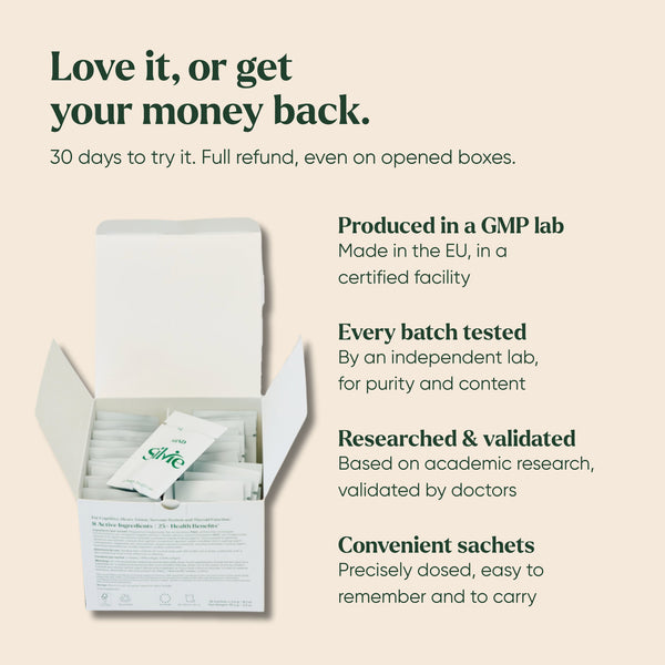 Open Silvie Mind box of daily sachets: made in an EU GMP lab, every batch independently tested, 30-day money-back guarantee