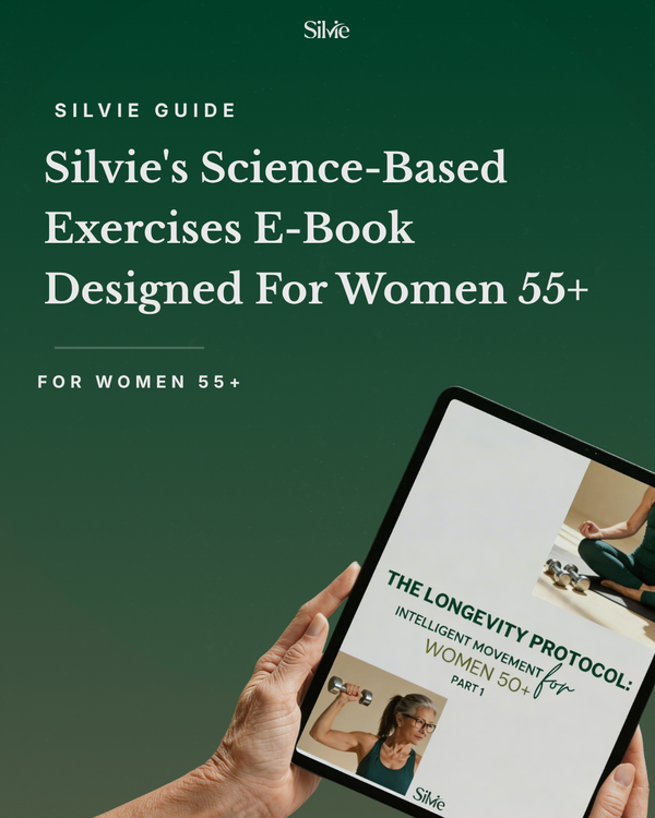 A hand holds a tablet displaying The Longevity Protocol e-book for women 50+. The image background promotes a science-based exercise e-book for women 55+ by Silvie.