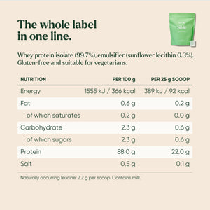 Silvie Body Pro label: whey isolate, lecithin, nutrition per 100 g and per 25 g scoop. Gluten-free, vegetarian. Contains milk.