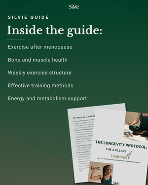 Sample pages from The Longevity Protocol e-book featuring menopause fitness and muscle health guidance, including workout instructions and photos of women using various training methods.