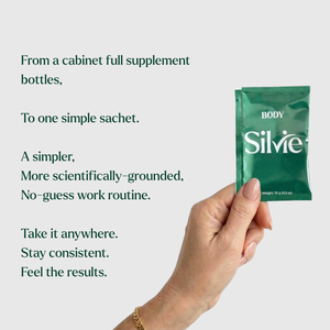 A hand holding a small green sachet labeled 'Silvie Body' against a light gray background, with dark green text on the left describing a supplement simplification.
