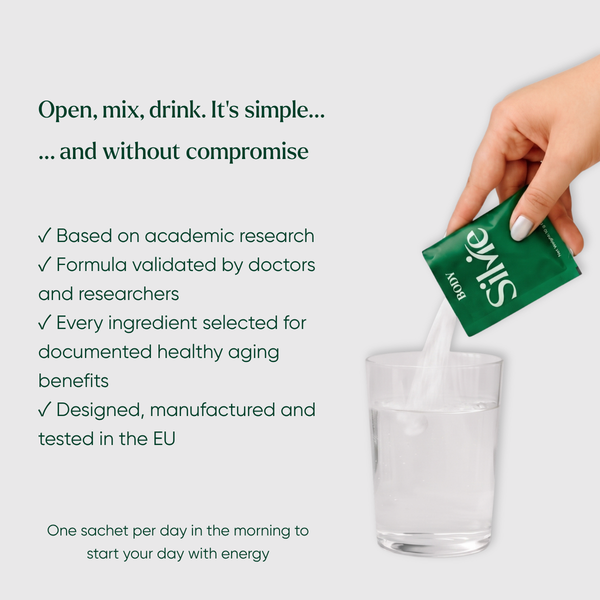 A hand pours a green Silvie Body sachet into a clear glass of water, with marketing text on a light gray background.