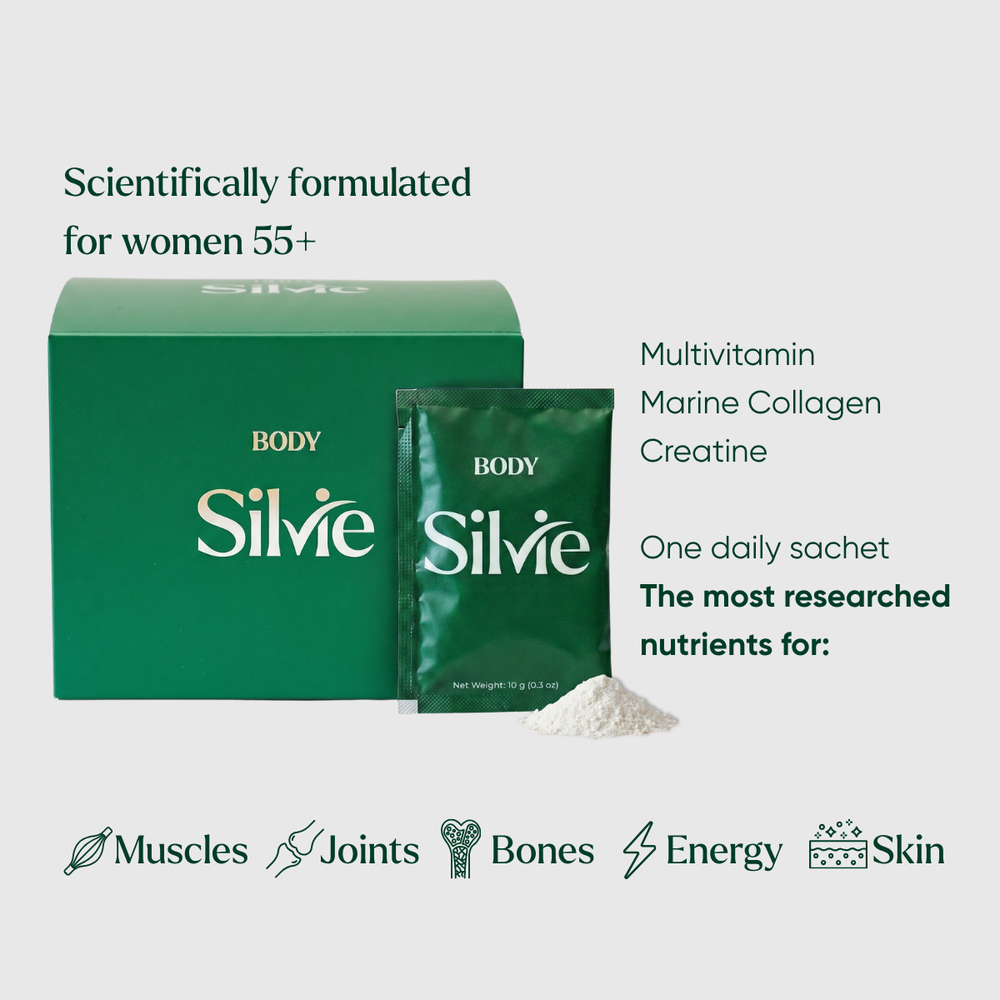 A green box and matching sachet of BODY Silvie supplement powder, with a small pile of white powder in front, on a light gray background.