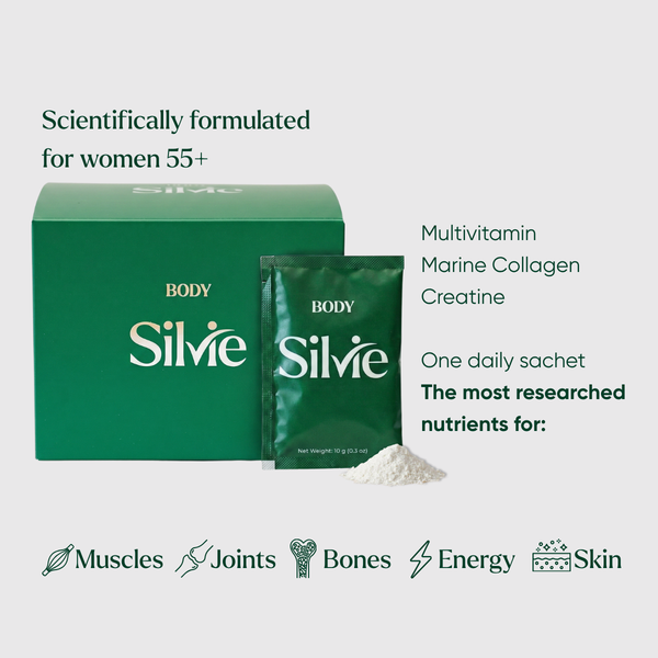 A green product box and sachet labeled BODY Silvie on a light gray background, with marketing text about scientific formulation for women 55+, a daily sachet, and benefits for muscles, joints, bones, energy, and skin.
