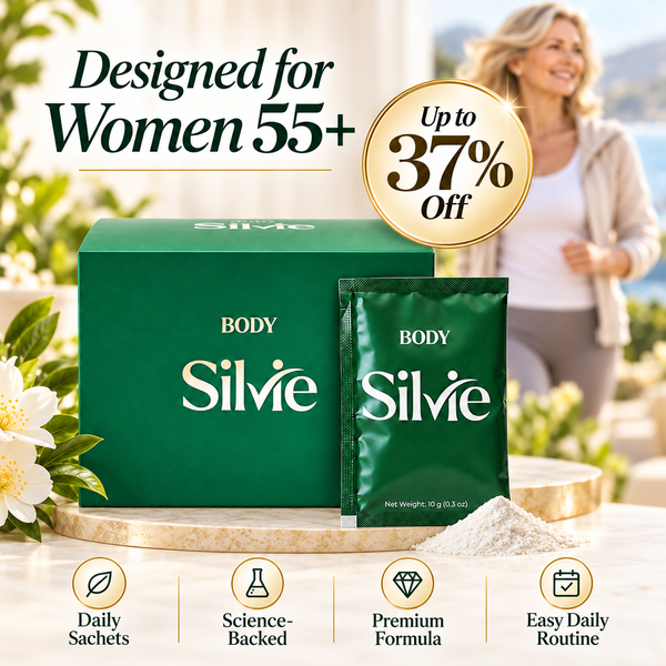 Silvie Body supplement packaging shown with a large green box and a single sachet on a table, alongside marketing text including 'Designed for Women 55+' and 'Up to 37% Off'. A blurred woman stands in the background, and four feature icons appear along the bottom.