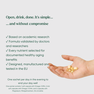 A Silvie Mind sachet with 5 capsules, alongside a hand holding several small gold capsules on the right side.