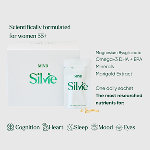 Silvie MIND supplement packaging on a white background, showing a large white box, a single sachet, and green text describing ingredients and benefits for women 55+.