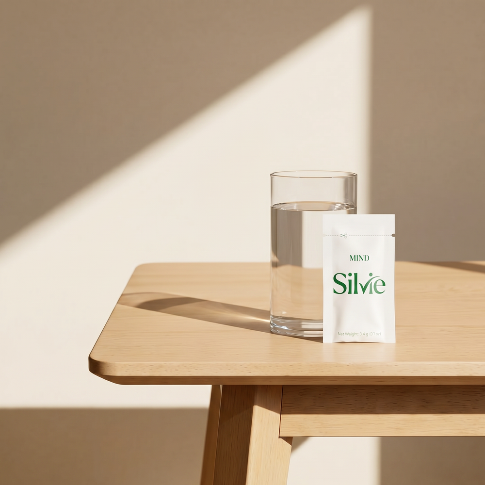 A sachet of Silvie Mind on a table