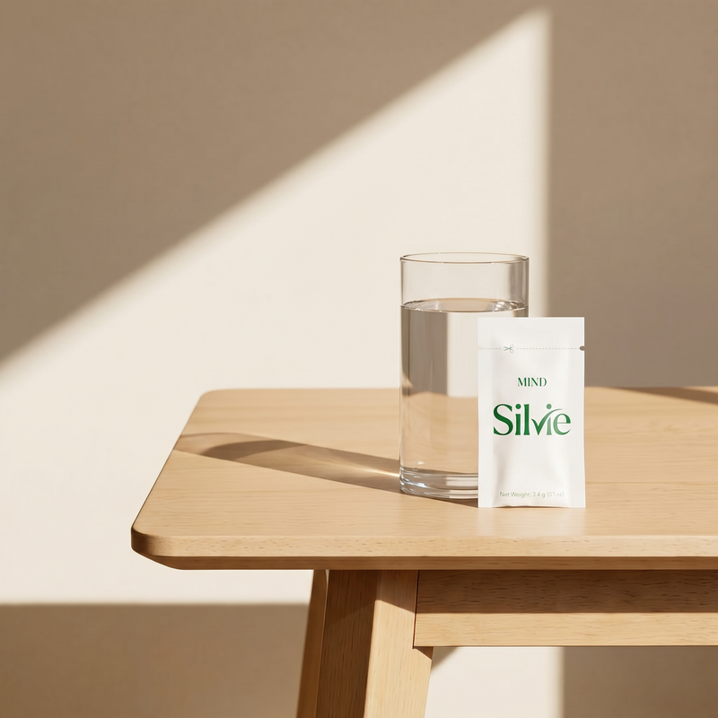 A sachet of Silvie Mind on a table