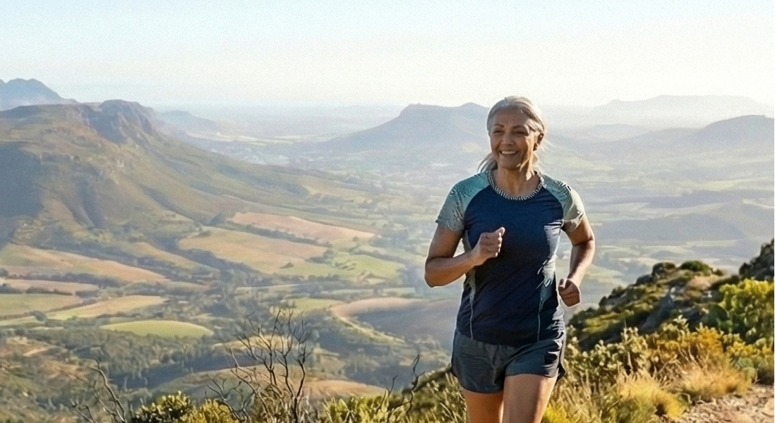Person running on a trail with a scenic mountain landscape