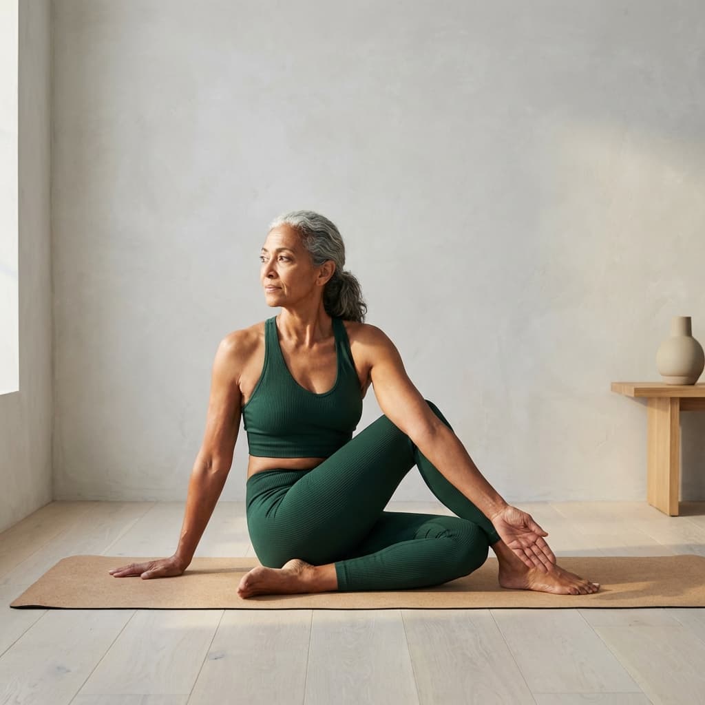 60 years old woman in green athletic wear practicing yoga in a bright room.