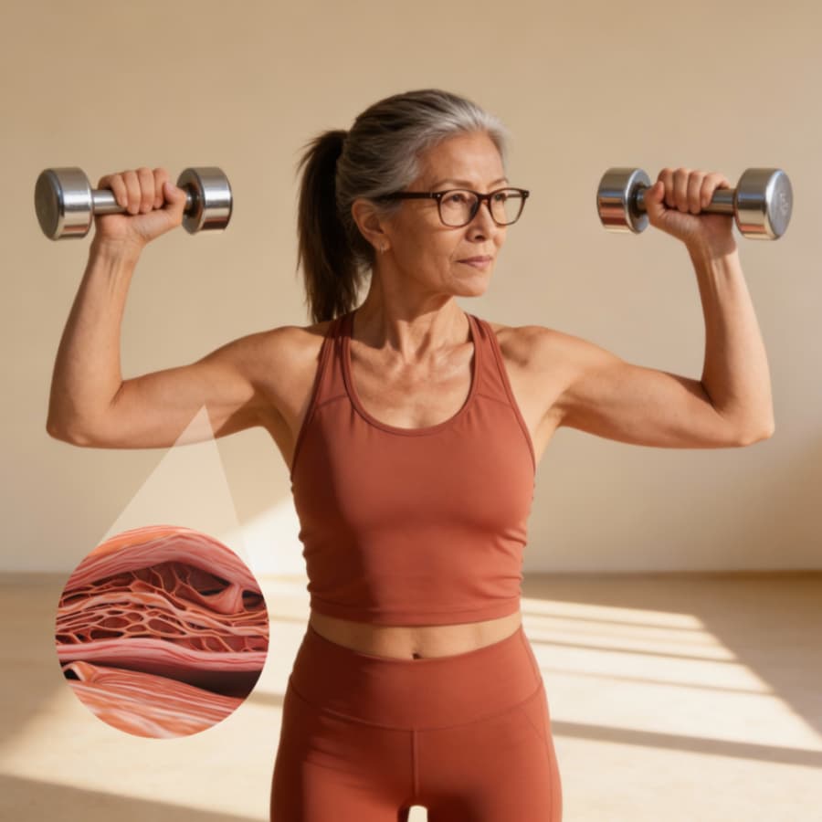 Woman over 55 with toned muscles exercising with dumbbells in a room, with a close-up inset of muscle tissue.