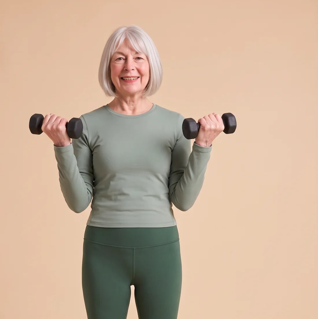 The same woman, about 60, in a sage long-sleeve top and forest-green leggings, smiling as she curls a light dumbbell in each hand