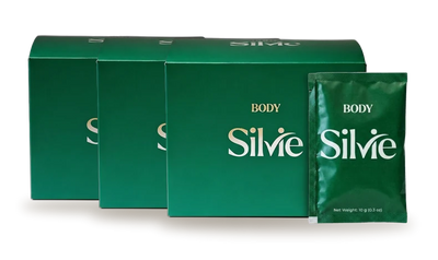 Three boxes of Silvie Body in a row, a sachet in front