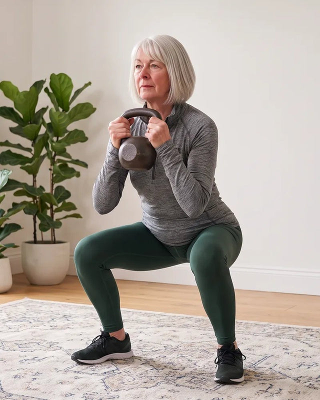 The same woman does a goblet squat with a kettlebell in her living room