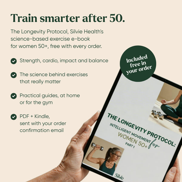 The Longevity Protocol e-book on a tablet: Silvie's science-based exercise plan for women 50+, included free with every order