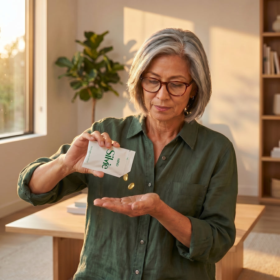 A middle-aged woman using Silvie Mind omega-3 softgels and magnesium tablets for cognitive support