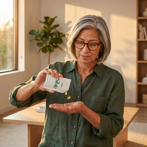 A middle-aged woman using Silvie Mind omega-3 softgels and magnesium tablets for cognitive support