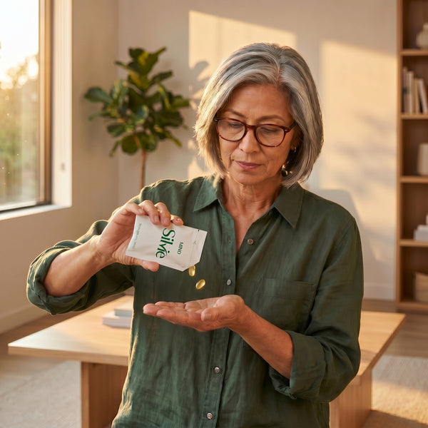 A middle-aged woman using Silvie Mind omega-3 softgels and magnesium tablets for cognitive support