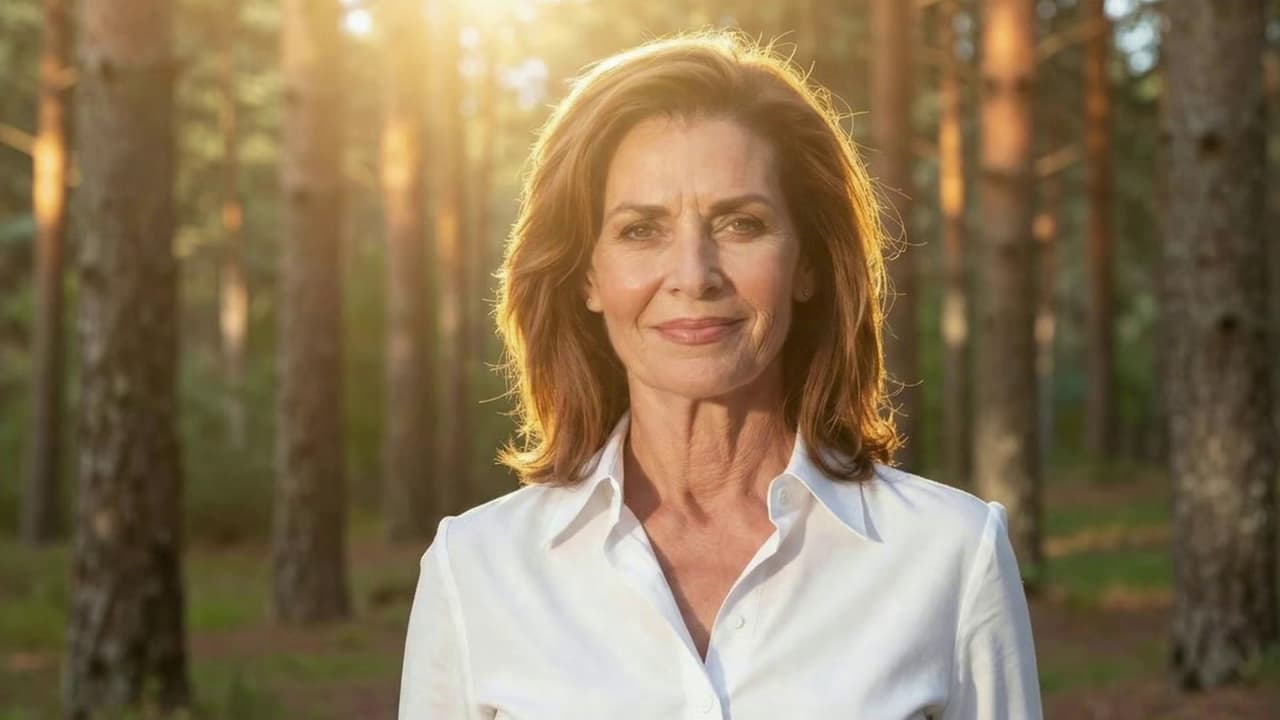 Silvie hero banner of a woman over 55 in  a pine forest