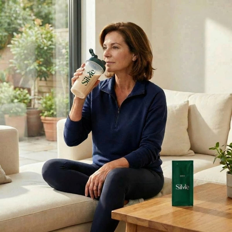 Woman sitting on a couch drinking from a shake with Silvie Body in a bright living room.